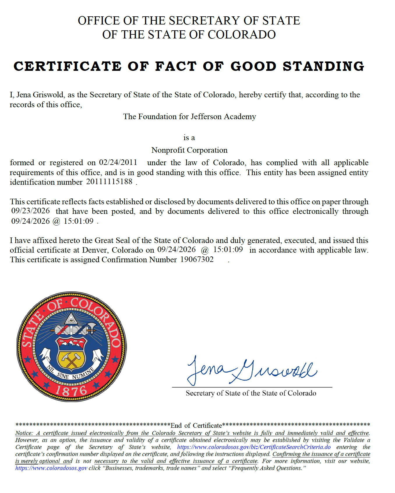 Colorado Secretary of State Certificate of Fact of Good Standing for The Foundation for Jefferson Academy